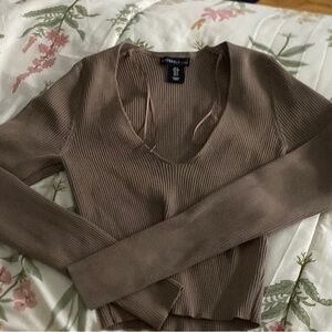 Sincerely Jules Brown Fitted Crop Long Sleeve Blouse